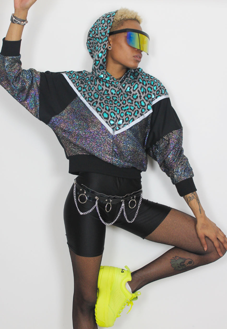Vortex - Metallic leopard hooded batwing hooded top with reflective strips.
