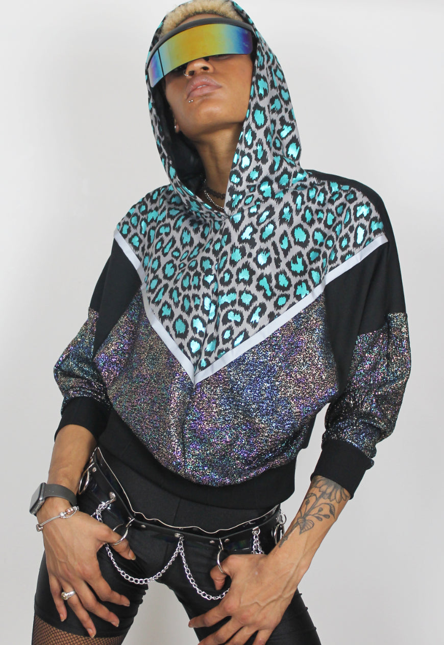 Vortex - Metallic leopard hooded batwing hooded top with reflective strips.