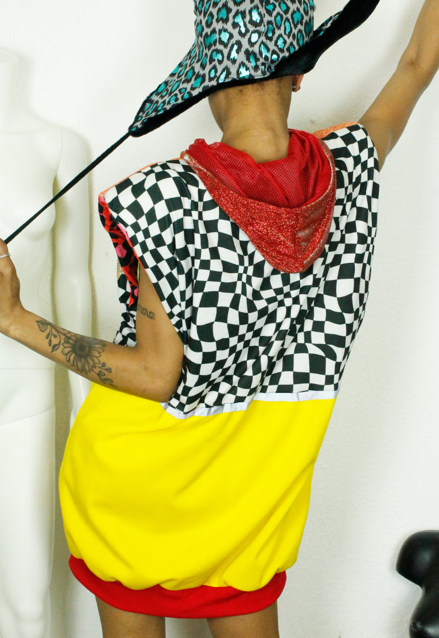 WILDFIRE - Checkerboard and yellow super oversized hooded sweater with glitter hood and fire applique