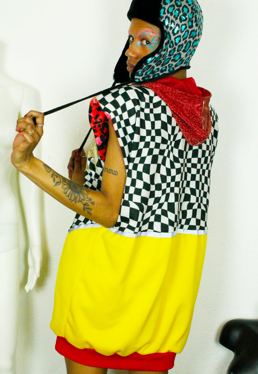 WILDFIRE - Checkerboard and yellow super oversized hooded sweater with glitter hood and fire applique