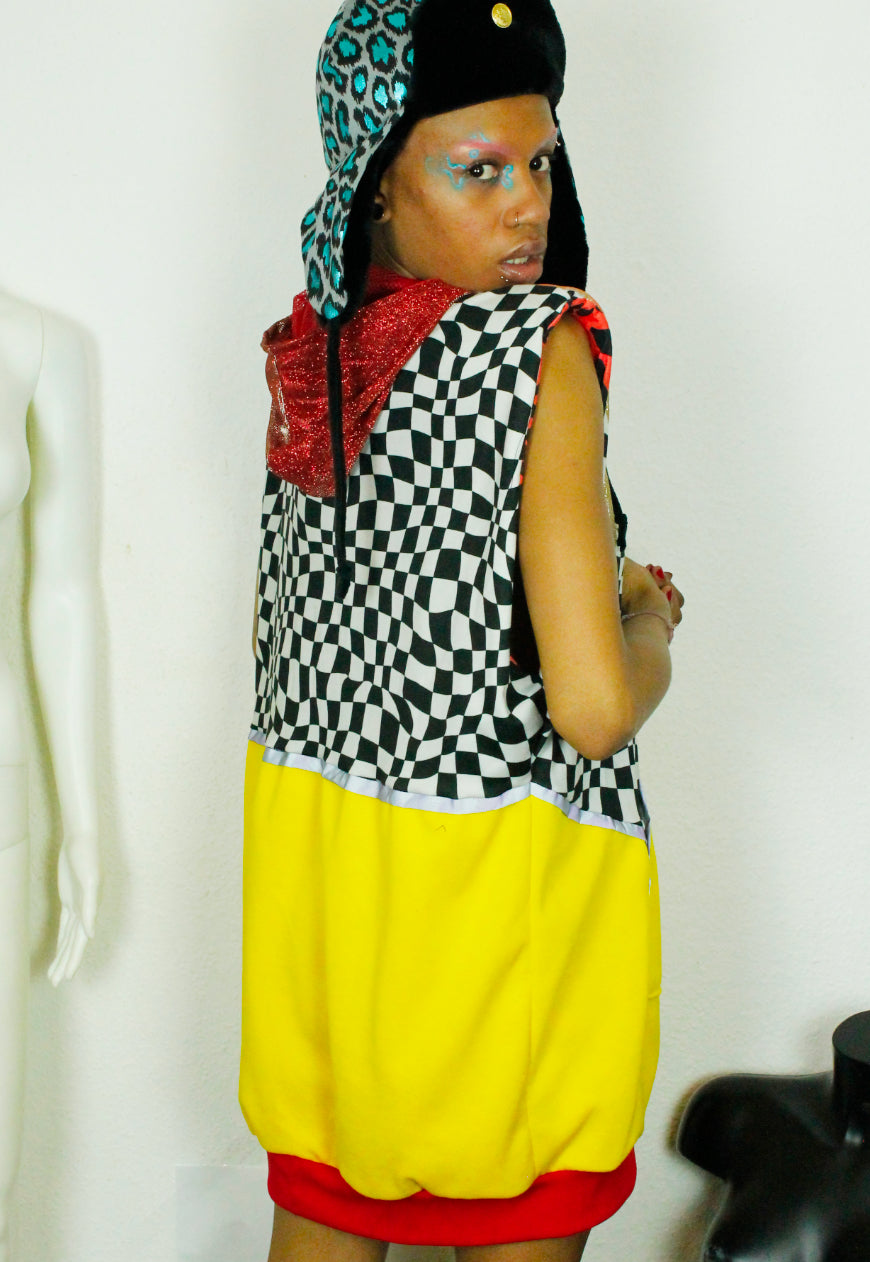 WILDFIRE - Checkerboard and yellow super oversized hooded sweater with glitter hood and fire applique