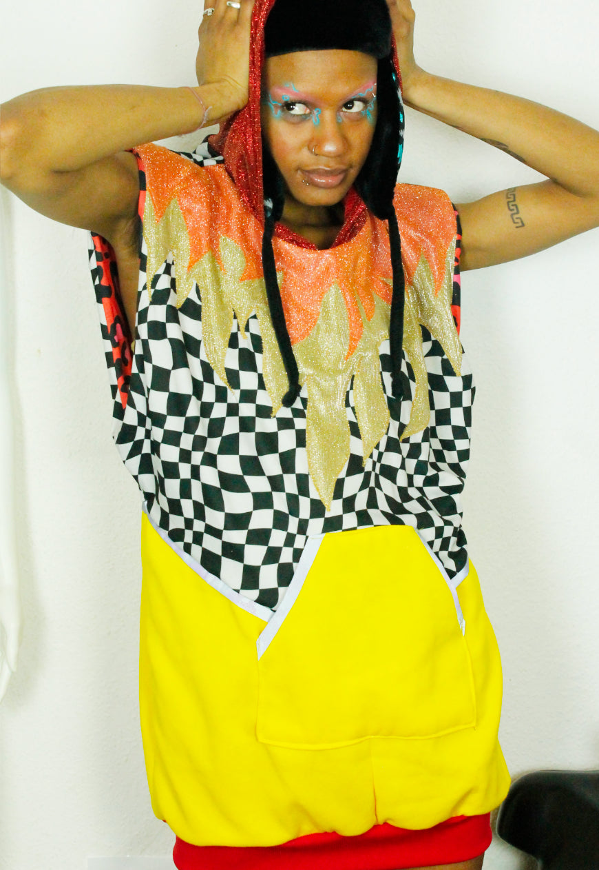 WILDFIRE - Checkerboard and yellow super oversized hooded sweater with glitter hood and fire applique