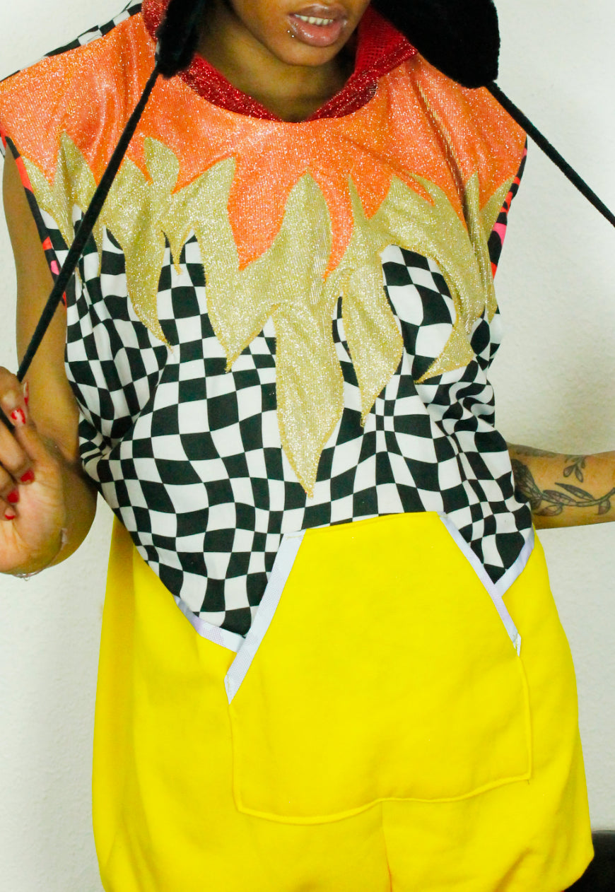 WILDFIRE - Checkerboard and yellow super oversized hooded sweater with glitter hood and fire applique