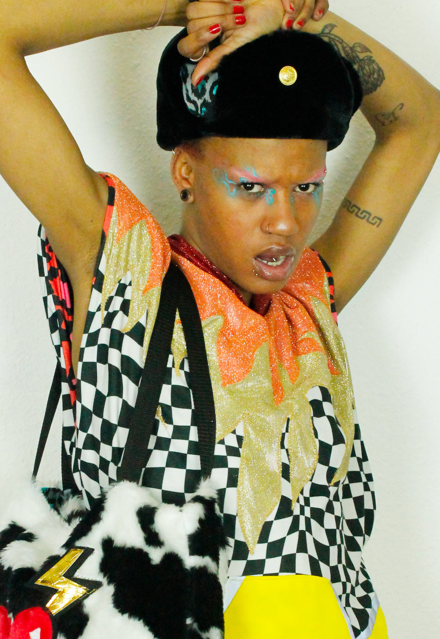 WILDFIRE - Checkerboard and yellow super oversized hooded sweater with glitter hood and fire applique