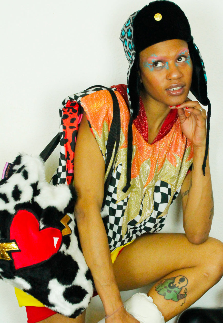 WILDFIRE - Checkerboard and yellow super oversized hooded sweater with glitter hood and fire applique