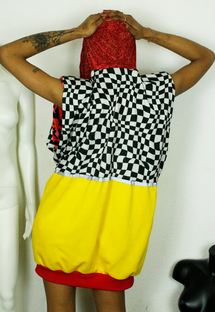 WILDFIRE - Checkerboard and yellow super oversized hooded sweater with glitter hood and fire applique