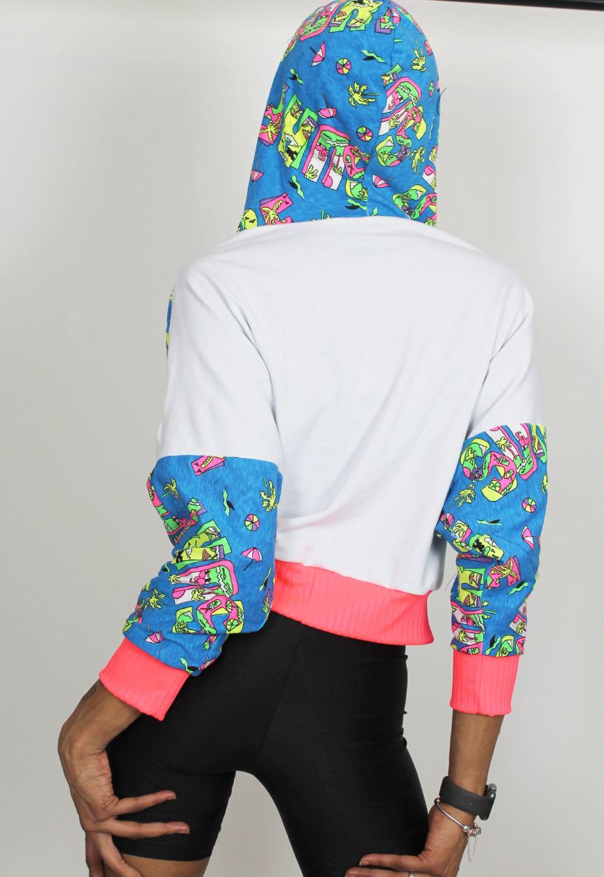 Wipeout - Surf print batwing hooded top with neon and white colour block panels