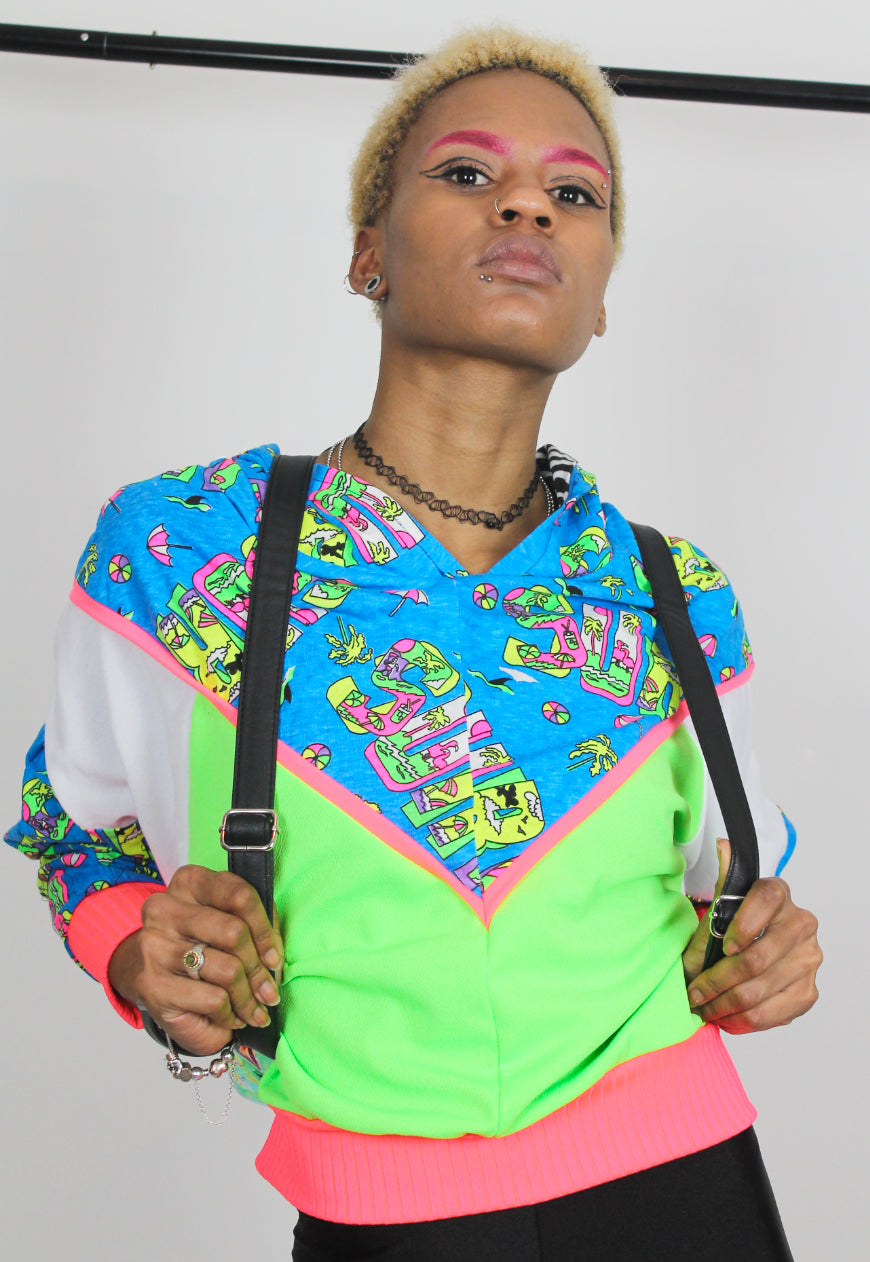 Wipeout - Surf print batwing hooded top with neon and white colour block panels