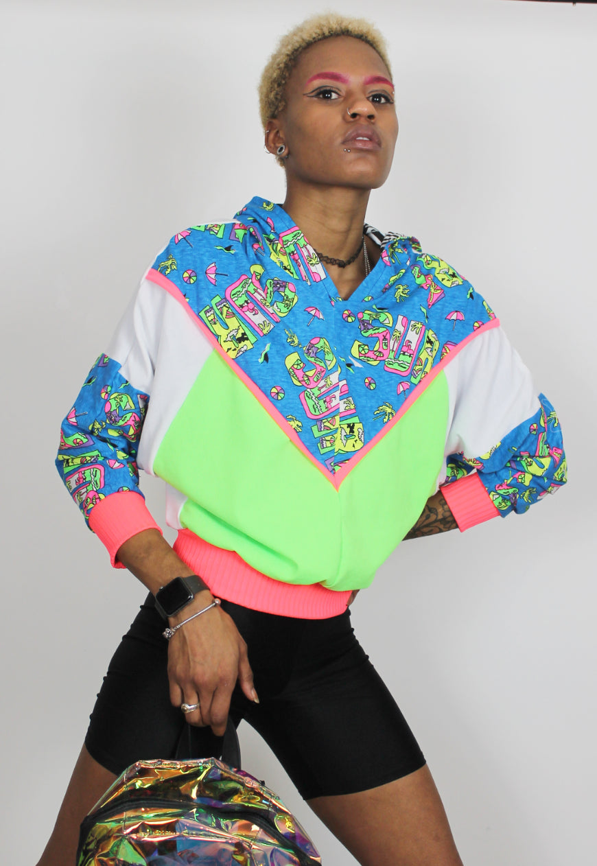 Wipeout - Surf print batwing hooded top with neon and white colour block panels