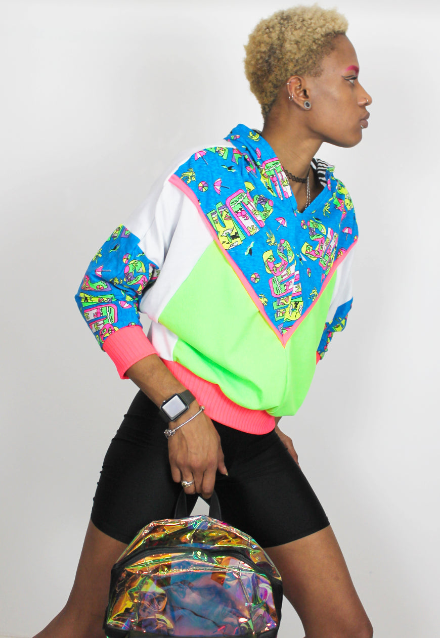 Wipeout - Surf print batwing hooded top with neon and white colour block panels