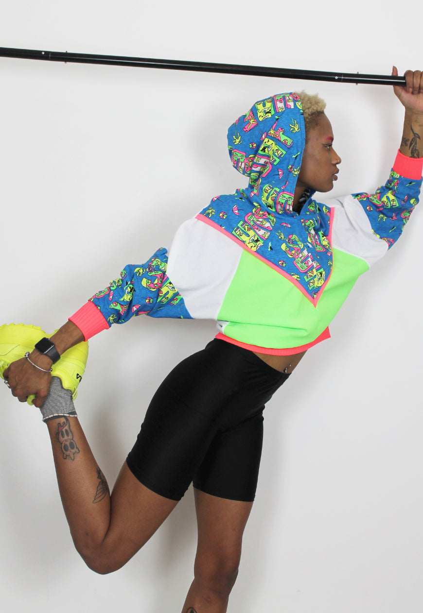 Wipeout - Surf print batwing hooded top with neon and white colour block panels