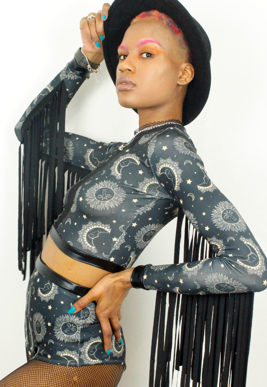Witch Doctor - Black Moon and Star print Fringed Festival Crop Top