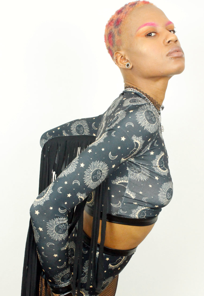 Witch Doctor - Black Moon and Star print Fringed Festival Crop Top