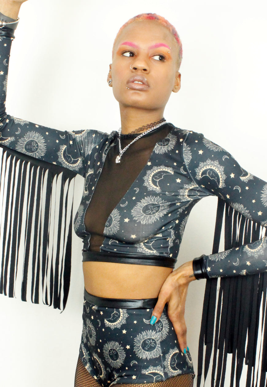 Witch Doctor - Black Moon and Star print Fringed Festival Crop Top