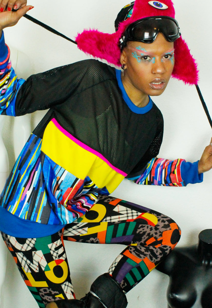 ZIPCODE Oversized yellow blue and black sweater with airtex panels