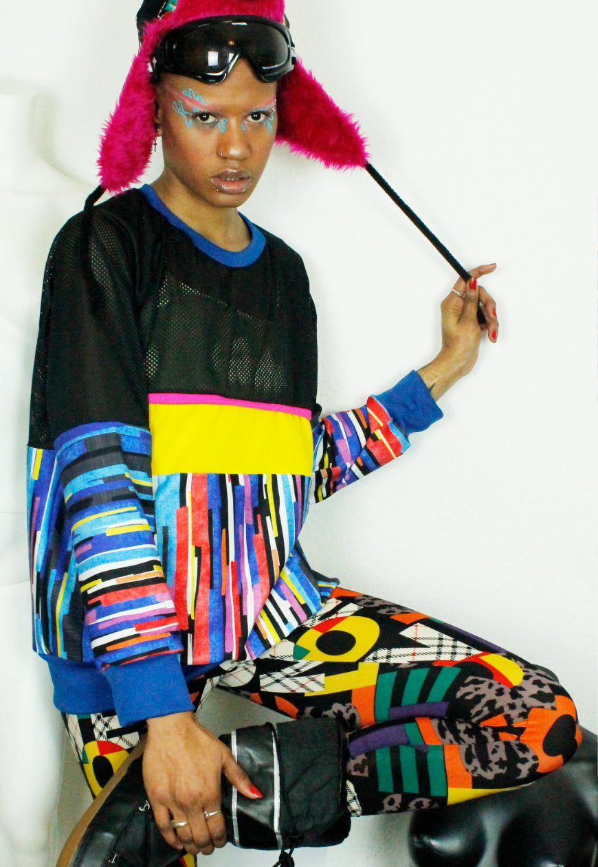 ZIPCODE Oversized yellow blue and black sweater with airtex panels