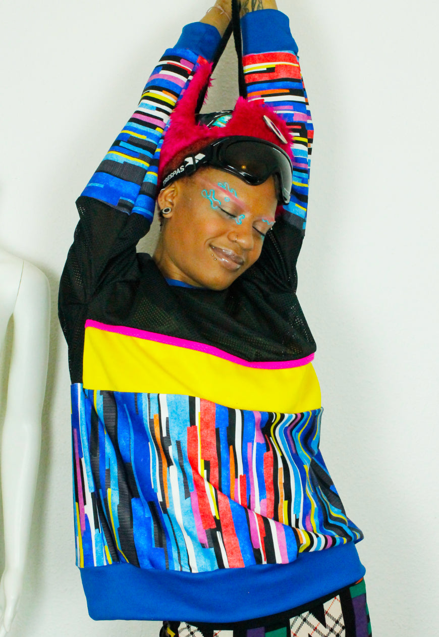 ZIPCODE Oversized yellow blue and black sweater with airtex panels