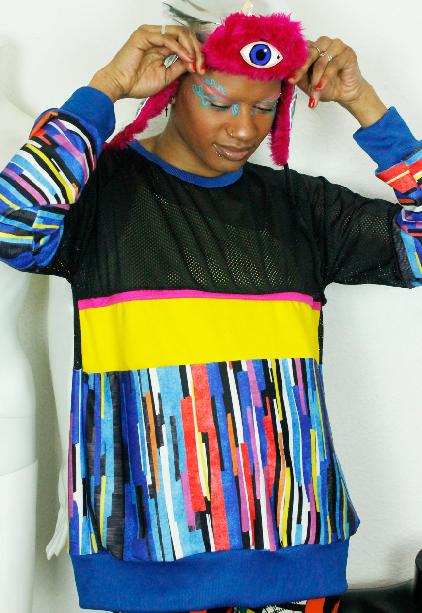 ZIPCODE Oversized yellow blue and black sweater with airtex panels