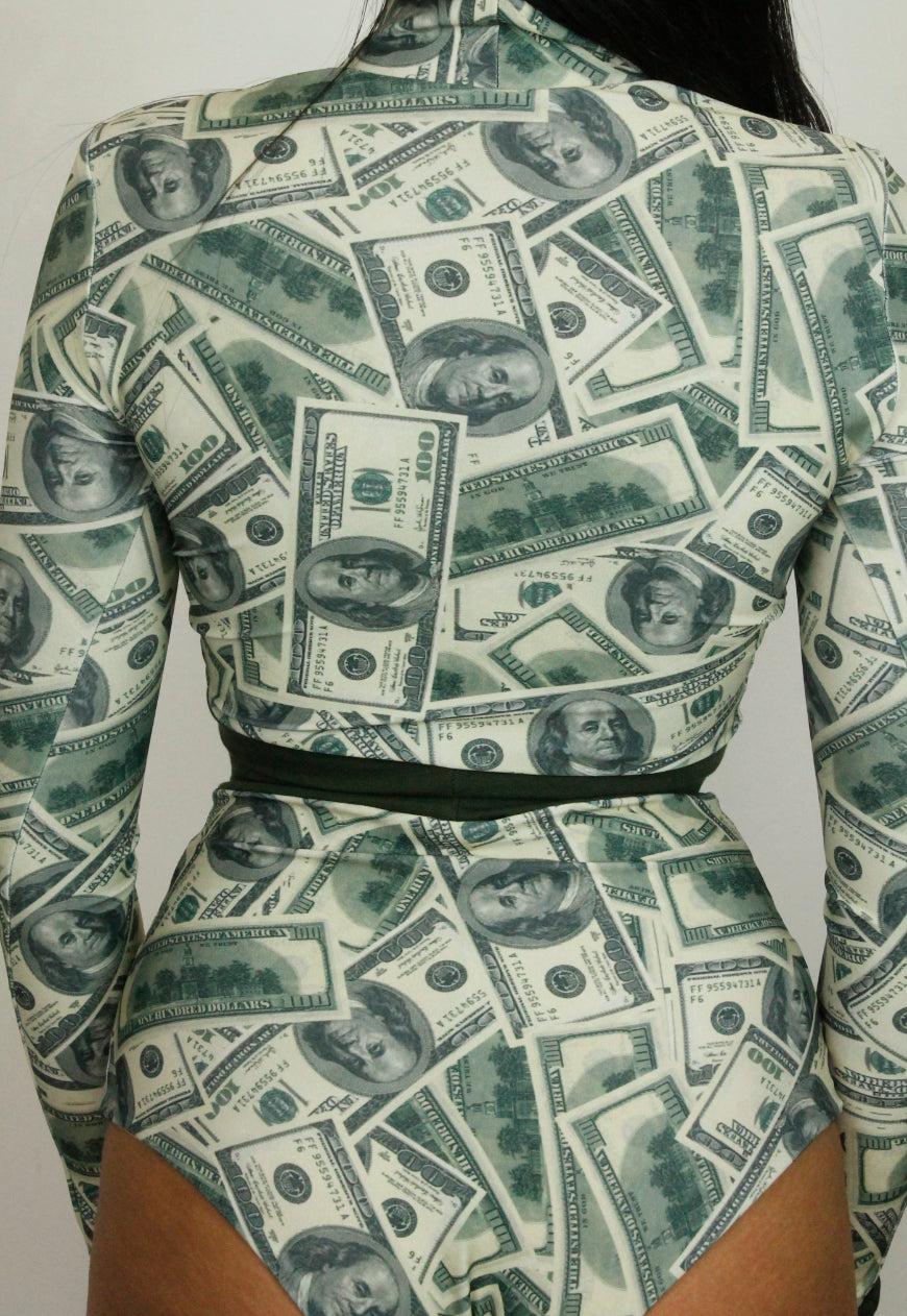 Hustler - Dollar print co ord with high waisted shorts and peekaboo top