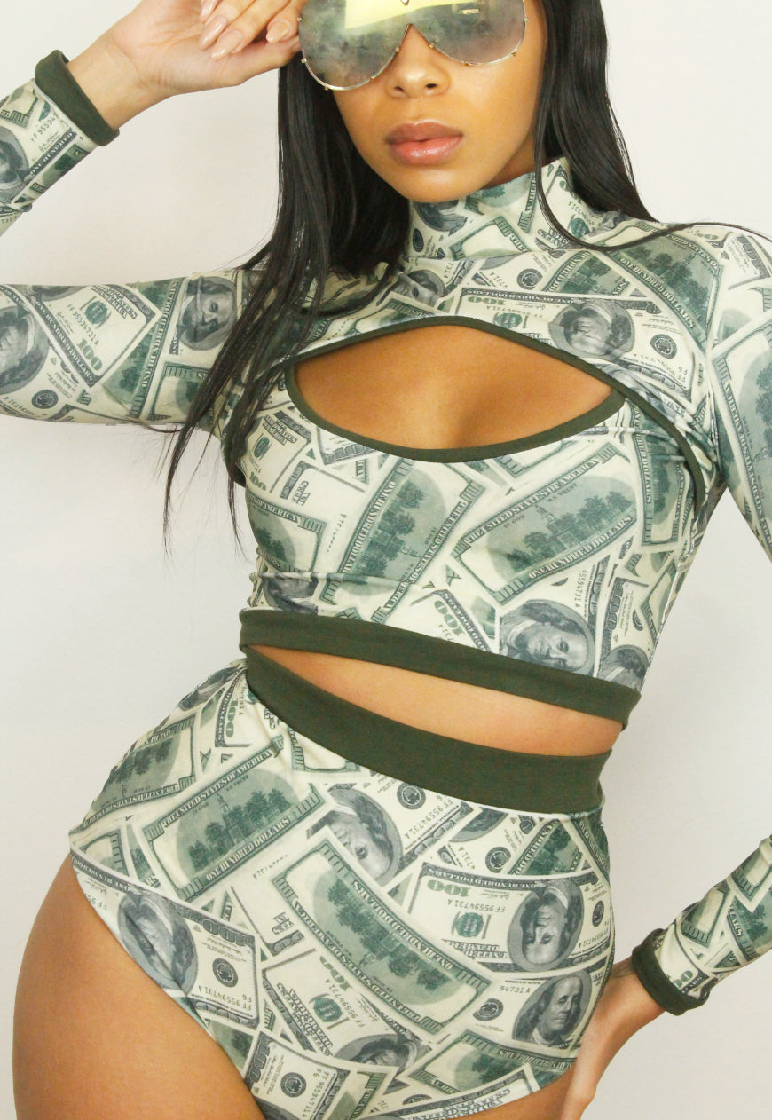 Hustler - Dollar print co ord with high waisted shorts and peekaboo top
