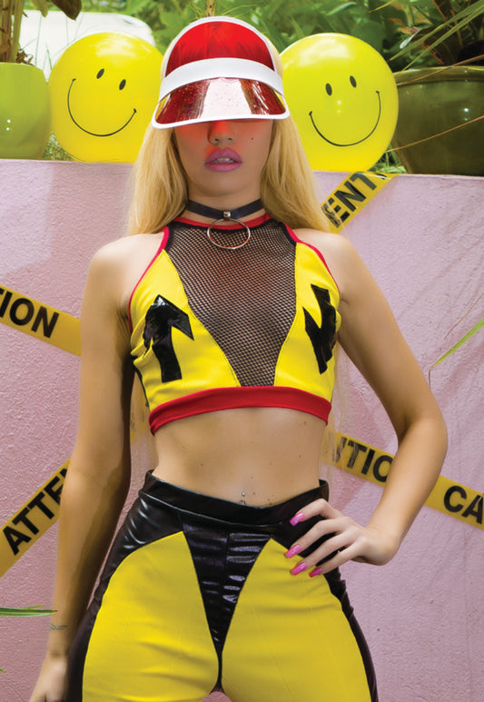 Caution crop top – yellow mesh front crop top with arrow appliques
