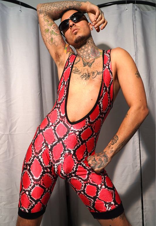 ATLAS - Red Snakeskin lycra Wrestler Bodysuit