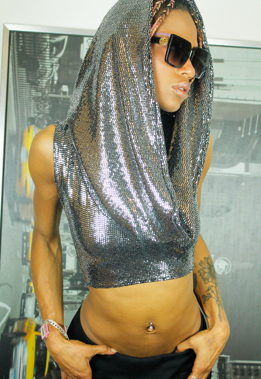 ATHENA silver sequin hooded cowl neck crop top