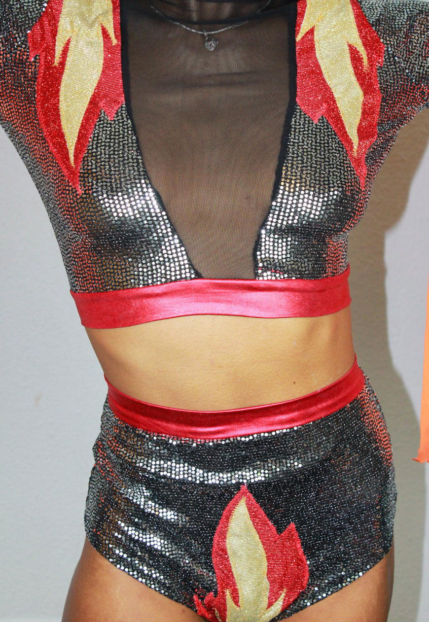 Inferno Sequin top with Flame shoulders Mesh front and Orange Fringing