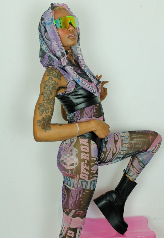 MANGA - Mesh purple Manga racer girl print and cowl zebra jumpsuit