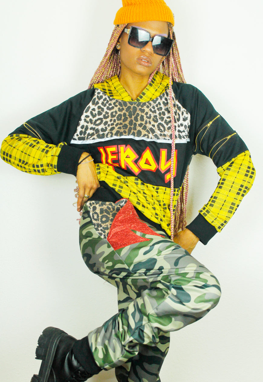 ROCKSTAR Grunge yellow tartan and leopard Hoodie with logo panel