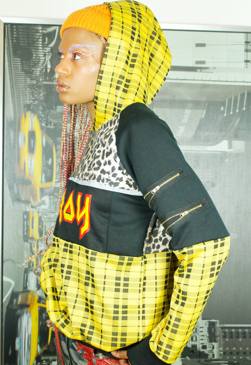 ROCKSTAR Grunge yellow tartan and leopard Hoodie with logo panel