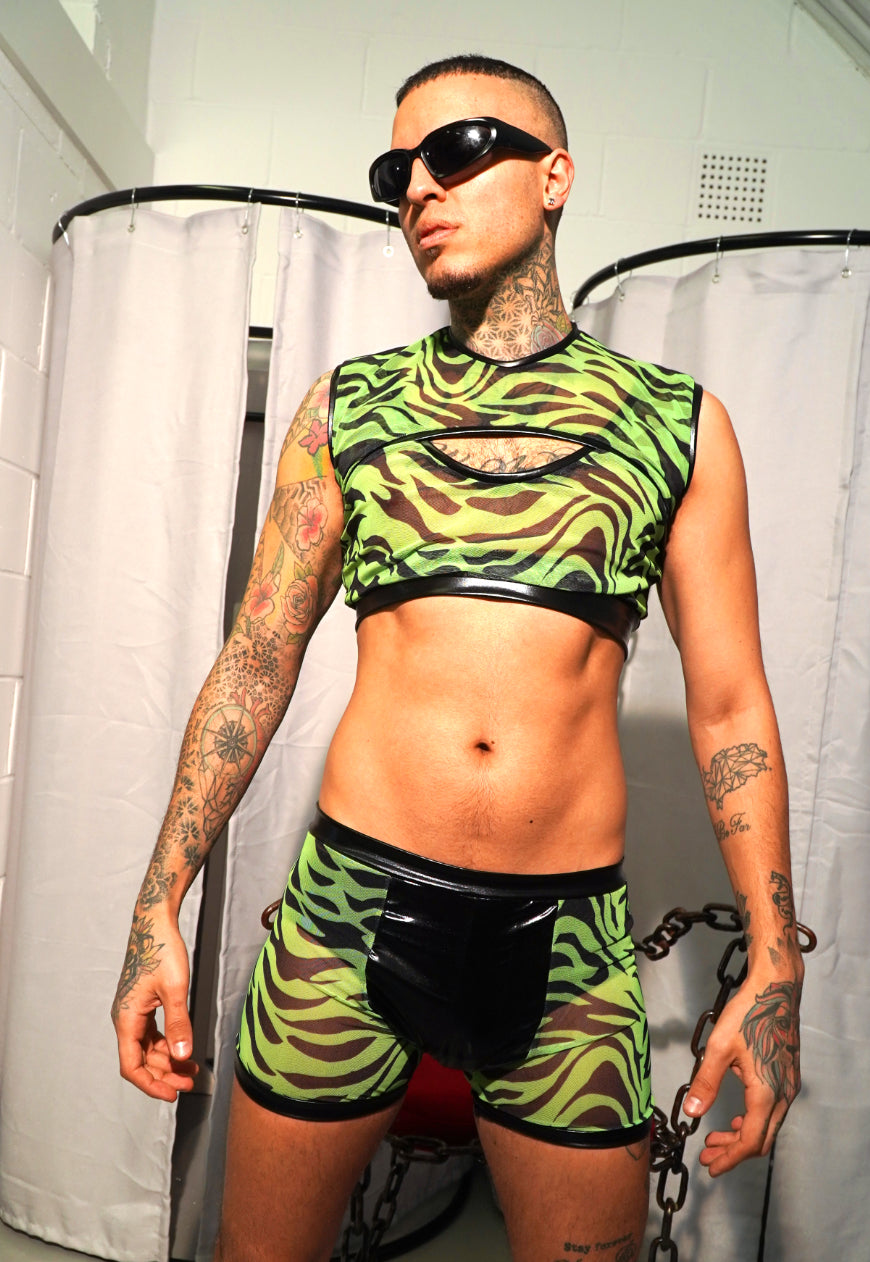 ZEUS - Green and black Mesh zebra Boxer and Top set with Vinyl panel
