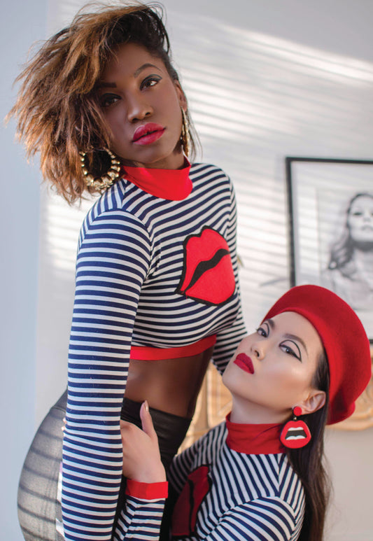 French Kiss - striped crop top with red lips applique