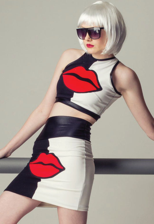 Trophy Wife - Black and white split co-ord with red lips