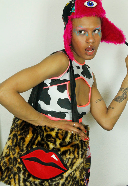 ALASKA - Black Satin Aztec and native print trapper hat with pink fur