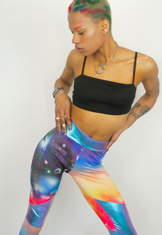 Afterglow - Cosmic print high waisted leggings with metallic blue panels