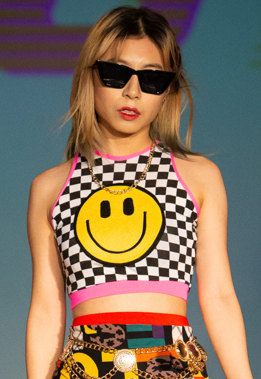 All Smiles -  Checkerboard crop top with Happy Smile face
