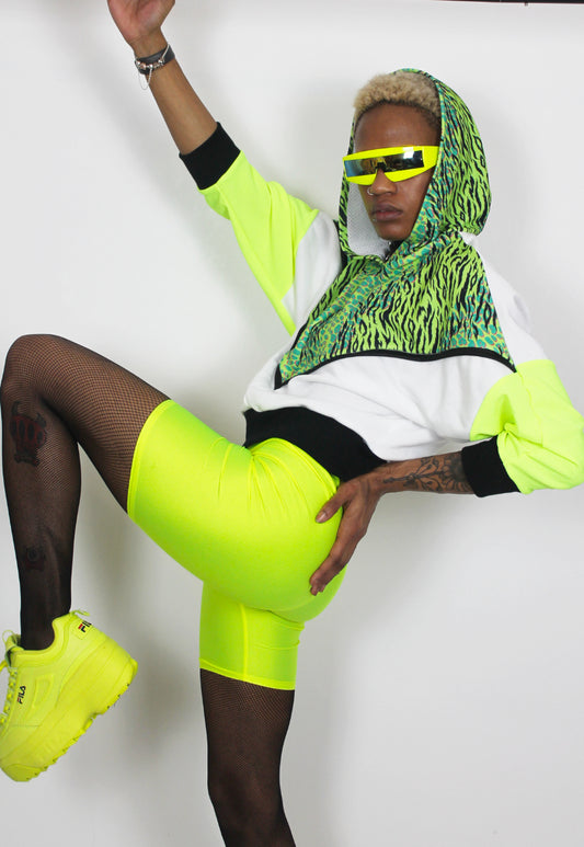 Atomic, Batwing hooded top in neon green, lime and white with print panel