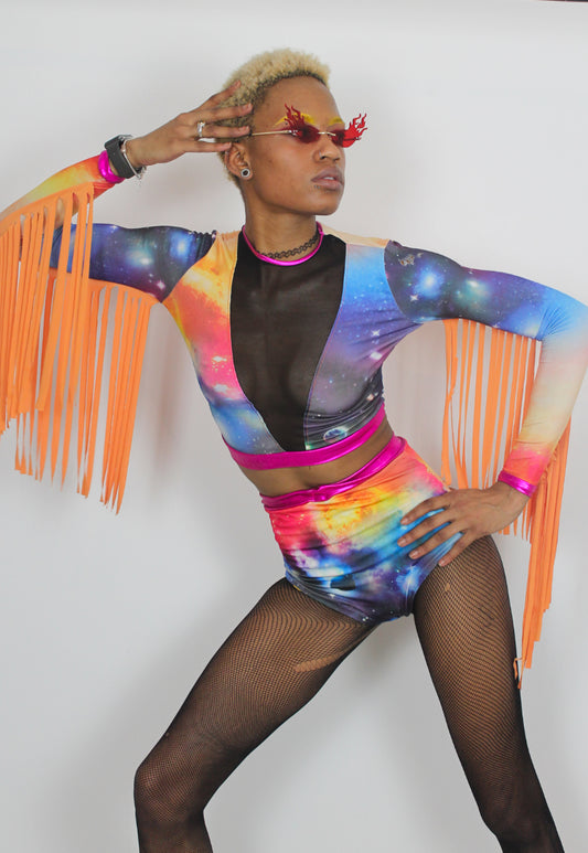 Aurora - Cosmic print crop top with neon maxi fringe and long sleeves