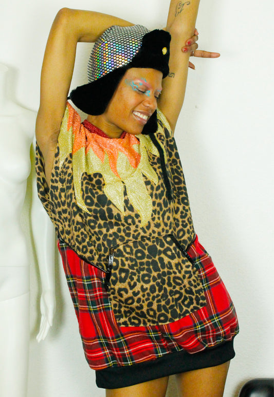 BRAVEHEART - Tartan and leopard super oversized hooded sweater with glitter hood and fire applique