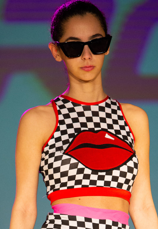 Chess Not Checkers checkerboard crop top with Red lips