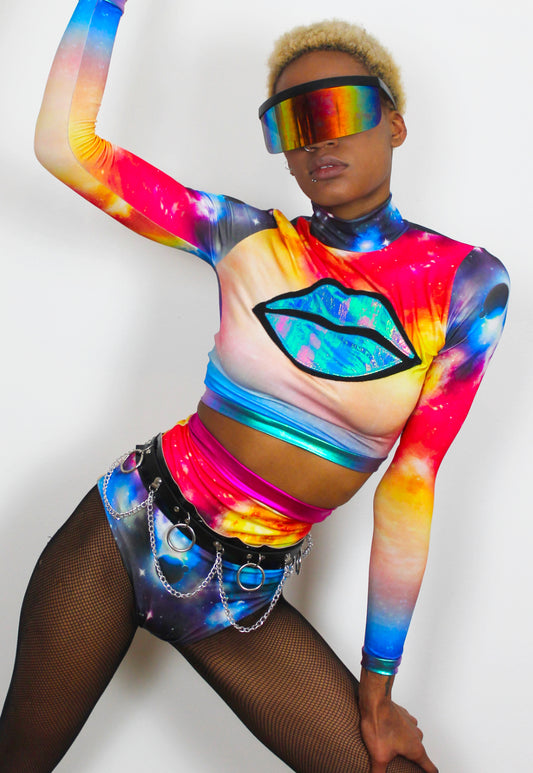 Galactic Kisses - long sleeve cosmic print crop top with iridescent lips.