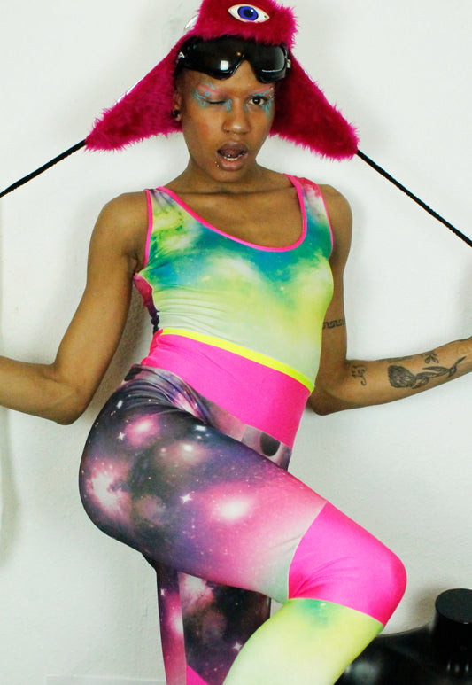 COSMOS Cosmic print jumpsuit with neon panels