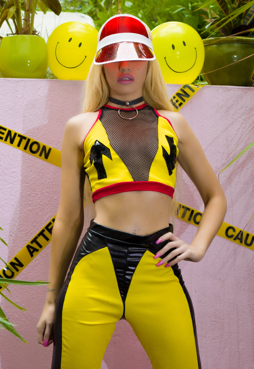 Caution crop top – yellow crop top with mesh front black arrows