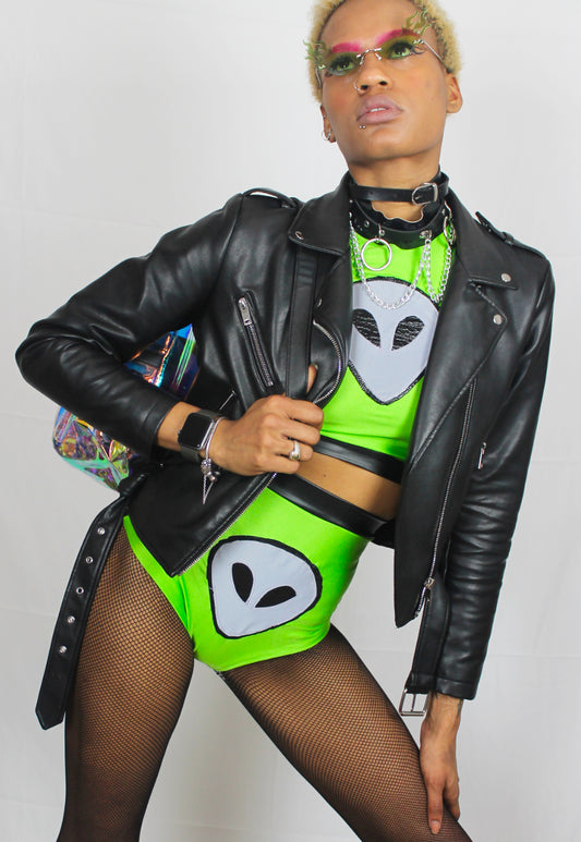 Extra Terrestrial - Neon green hot pants and crop top co-ord with UV alien