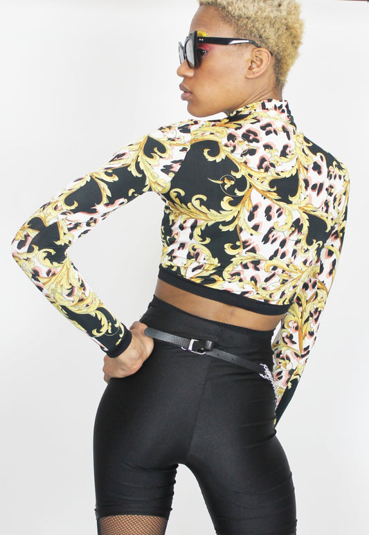 Baroque - Long-sleeved crop top in baroque print with mesh front