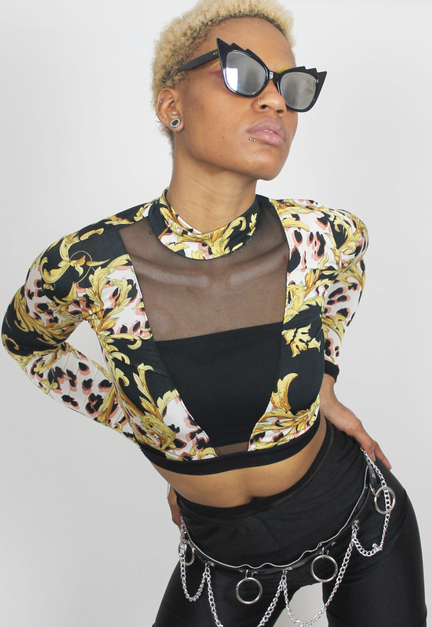 Baroque - Long-sleeved crop top in baroque print with mesh front