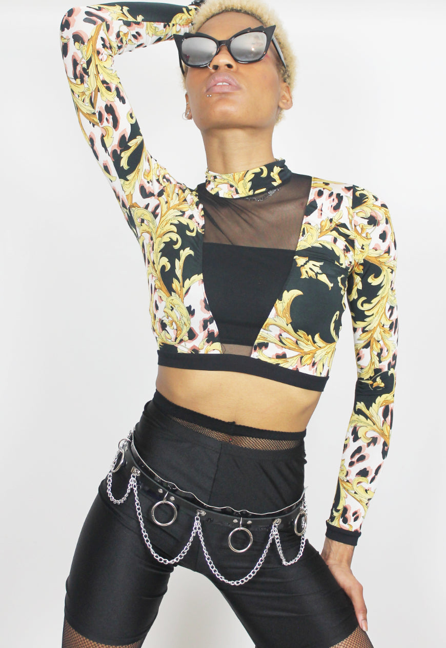 Baroque - Long-sleeved crop top in baroque print with mesh front