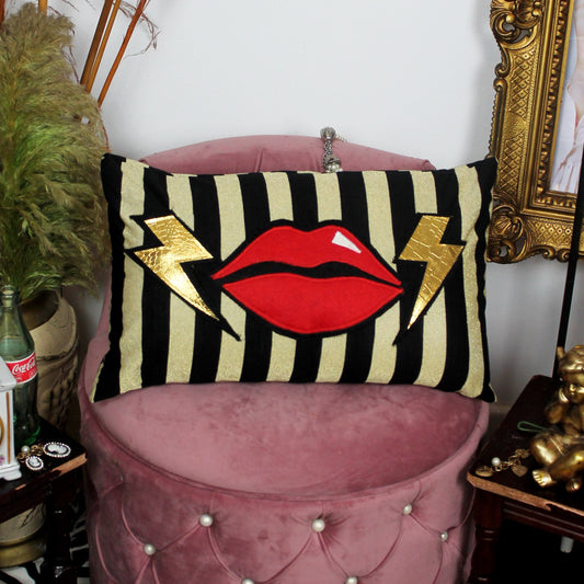 Electric Kisses - Black and gold decorative bolster cushion with red lips