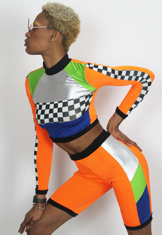 Fast Lane - Orange, Blue and Checkerboard Colour block Crop Top